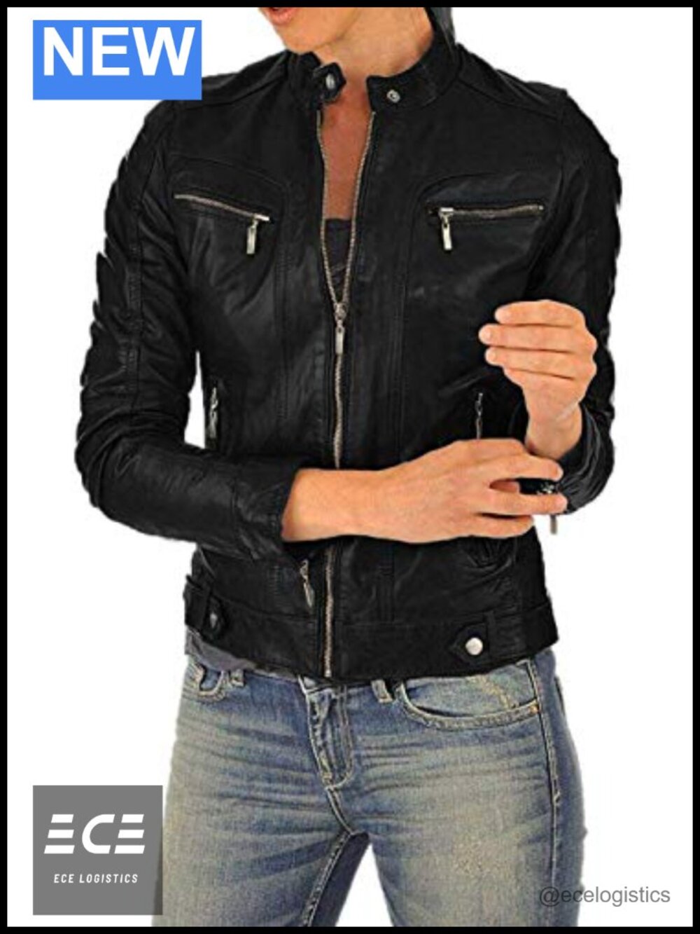 Lambskin Leather Biker Jacket Quilted Slim Fit Round Collar Winter Riding